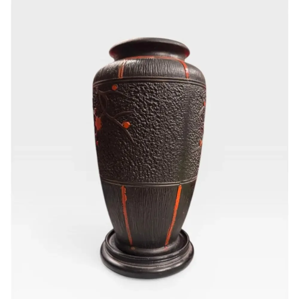 Vintage Japanese Tokanabe Ware Black Red Pottery Vase Birds Japan Hand Painted